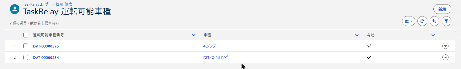 要員（ドライバー）の「TaskRelay 運転可能車種」の一覧